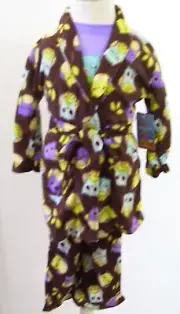 Girls Bunz Kidz 3 Pc Brown Purple Owl Fleece Pajamas and Robe Set Sz 2T