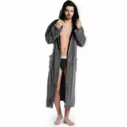 Hooded Men's Grey Soft Spa Long Bathrobe Sz. Medium Hooded Full Length Robe