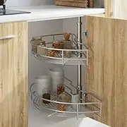 Kitchen Wire Basket Base Storage Unit, 2-Tier Slide Out Kitchen Utensil Holder Rack Larder Drawers Origanize, Silver 180 Degree 75x38x80 cm