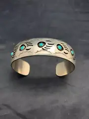 Blue Turquoise Bear Paw Navajo Sterling Silver Shadow Box Bracelet 04610