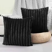 ACEmedia Black Striped Throw Pillow Covers 18x18 Inch Set of 2,Square Cushion Case,Home Decorative Couch Pillow Cover,Soft Cozy Faux Rabbit Fur & Velvet Back,Modern Neutral Decor for Bed,Sofa
