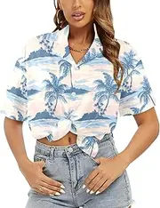 [Generic] Women's Short Sleeve T Shirt, Comfy Button Down T-Shirt,Soft Beach Summer Tops Blouses, Pale Tropic Drift Shore-50