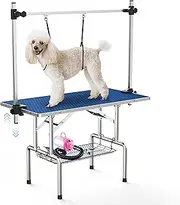 Lyromix 46''Large Dog Grooming Table, Adjustable Cat Drying Desktop with Arms, Nooses, Mesh Tray, Foldable Pet Station at Home, Maximum Capacity Up to 330Lb, 46inch, Blue