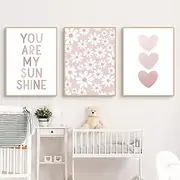 Set of 3 Poster Pictures for Children's Room, Pink Rainbow Daisy Pictures, Pink Posters & Art Prints, Canvas Pictures, Girls' Children's Room Decoration, without Frame (A, 21 x 30 cm)
