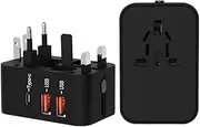 Perisail Universal Travel Adapter, International Power Adapters, with 2USB Ports 1Type-C, PD20W Fast Charging Travel Plug Adaptor, Worldwide Wall Charger for US,JP,UK,EU,AU Over 150 Countries (Black)