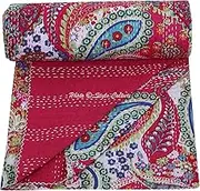 Stylo Culture Indian Kantha Quilt Bedspread Single Size Indian Bedspread Cotton Pink Ethnic Paisley Hand Stitched Blanket Bedding Bed Cover