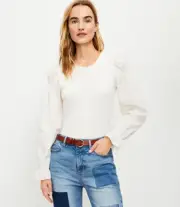 NWT Ann Taylor LOFT Ivory Whisper White Ruffle Cuff Mixed Media Blouse, LARGE