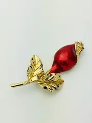 Signed Lia Lianna Vintage 1980s Gold Tone Red Enamel Crystal Rose Pin Brooch