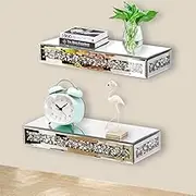 TACIDON Mirrored Floating Shelves Wall Mounted. Crystal Crushed Diamond Modern Wall Shelves Set of 2, Gorgeous Glass Mirror Shelf for Home Wall Decor, Bedroom, Living Room, Bathroom, Kitchen - Silver