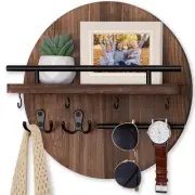 Key Holder Wall Mount, 11.8 Inch Rack With Shelf and 6 Hooks, Rustic Mail Org...