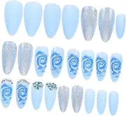 WOONEKY Blue Rose Decorative Nails 24 Pcs Press on Women's Fake Nails Rhinestone Accented Artificial Nail Manicure
