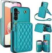 Phone Case for Samsung Galaxy A14/M14 5G Wallet Cell Cover with Tempered Glass Screen Protector Wrist Crossbody Strap Stand RFID Blocking Credit Card Holder Slot A 14 4G 14A 14M G5 Women Girls Green