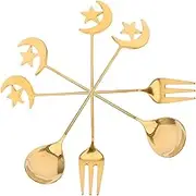 ULTECHNOVO Unique 4pc Moon Spoon Star Fork Set Stainless Steel Tea Spoons Mini Stirring Forks Tableware