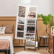 CostwayLockable Floor Jewelry Cabinet with Full-Length Mirror &amp; LED Lights-White