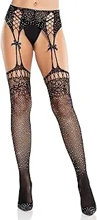 [Leg Avenue] Womens Rhinestone Lace Top Fishnet Stockings With Attached Garter Belt and Satin Bow Accents