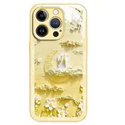 For iPhone 12 Pro 6.1 inch Fall Proof Back Cover Moon and Oil Painting Tempered Glass+TPU Phone Case