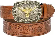 [HinyBoeh] Western-PU-Leather-Belts for Men and Women Cowboy-Cowgirl Longhorn-Bull-Pattern-Engraved-Buckle-Belt for Unisex