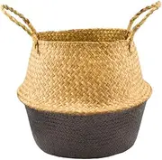 Woven Seagrass Belly Basket with Handles, Storage Bins, Foldable Home Storage Bucket Sundries Clothes Plants Organizer Basket and Toy Storage/677