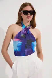 Printed Mesh Cross Neck Bodysuit