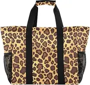 [sanluoli] Totes Foldable Beach Tote Bag With Pockets with Handles Carrying Tote, Flat Geometric Pattern Leopard Skin Print Gold Brown, 1 size