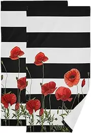 AIYOOLER Red Poppy Floral Hand Towels for Bathroom Set of 2 Soft Absorbent Chic Flower Black and White Striped Bath Towels Decorative Kitchen Dish Towel Bathroom Towels for Guest Shower Gym 28x14in