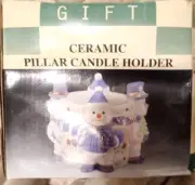 5" SQUARE CERAMIC PILLAR CANDLE HOLDER ~ Blue and White Snowmen ~ Green Holly