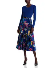 Elie Tahari Mave Mixed Media Garden Print Midi Dress
