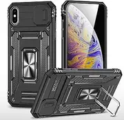 Ylzhe for iPhone Xs Max Case, Military Grade Drop Protection, with Slide Camera Cover 360° Kickstand Ring Holder, Phone Case for iPhone Xs Max Black