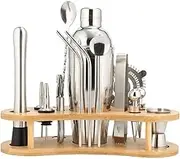 Cocktail Shaker Set Bartender Kit, 15Pcs Bartender Shaker Set, 304 Stainless Steel Shaker and Strainer, 750ml / Bar Tool Set with Bamboo Stand, for Home and Bar