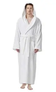 Men's Hooded Classic Bathrobe Turkish Cotton Robe with Large-X-Large White