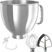 5 QT Stainless Steel Mixer Bowl With K45WW Wire Whip,K45DH Dough Hook and Upgrade K45B Flex Edge Beater,Compatible With KITCHENAID TILT-HEAD STAND MIXERS 4.5-Quart (4.3 L) And 5-Quart (4.7 L)