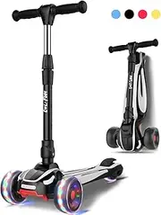 LOL-FUN Toddler Scooter for Kids Ages 3-12 Years Old Boy Girl with 3 Wheel LED Lights, Extra-Wide Childrens Foldable Kick Scooter Kids Ages 3-5 with 4 Adjustable Height and Lean-to-Steer