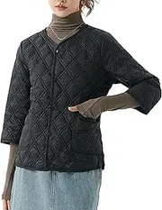 [Generic] Ladies Lightweight Quilted Puffer Jackets Medium Long Sleeves Pocket Puffer Warm Collarless Button Winter Coats