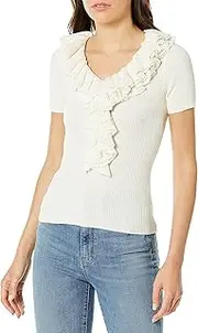 [Trina Turk] Women's Quill 2 Ruffle Neck and Sleeve Sweater, White
