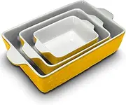 NutriChef 3-Piece Nonstick Casserole Dish for Oven - Ceramic Lasagna Bakeware Pans Set with Built-in Handles - Microwave & Dishwasher Safe, 14"/10"/7" - Yellow