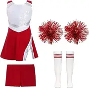 [inhzoy] Kids Girls Cheer Leader Costume Cheerleading Uniform Sleeveless Shiny Sequin Dress with Shorts Set Dance Outfit