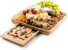 Bamboo Premium Cheeseboard Gift Set 4Knives 10 Forks Serving Platter With Drawer