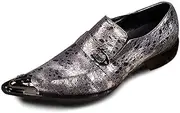 [Generic] Oxford for Men Formal Shoes Slip On StyleGenuine Leather Monk Strap Embossed Low Top Metal Pointed Toe Flats Block Heel
