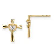 Madi K Kid's Earrings 14K Yellow Gold CZ Cross with Heart Post Button