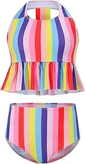 [Kukume] Girls Strap Swimsuit Falbala High Waisted Bathing Suit Halter Neck Bikini Swimwear