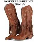 6 VEGA LEATHER Western FRINGE COWGIRL Boots Embroidered Mid Calf 2" BLOCK HEELS