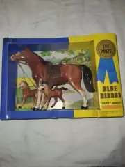 Vintage WS Toys Celluloid Plastic Horse With Saddle and Foals Hong Kong 6”