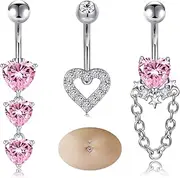 [MODRSA] Silver Belly Button Ring Dangle Belly Rings Heart Dangling Dangly Belly Piercing Surgical Steel Hypoallergenic Pink Navel Rings for Women