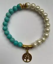 Turquoise + Pearls w/ Tree of Life Charm Beads Bracelet 8 mm