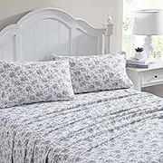 Laura Ashley Home - King Sheets, Cotton Flannel Bedding Set, Brushed for Extra Softness & Comfort (Black Faye Toile, King)