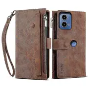 Motorola Edge 50 Fusion 5G Zippered Case with Wallet and Premium PU Leather Cover Brown