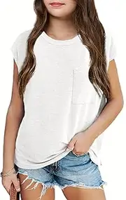 [Haloumoning] Girls' T-Shirts Round Neck Short Sleeve Cap Sleeve Top Lightweight Plain Tee with Chest Pocket Summer Top 7-14 Years