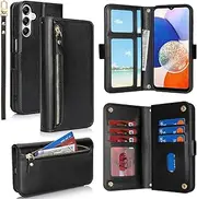 SunYoo for Galaxy A14 5G Case Leather Wallet with Card Holders Money Slots Wrist Strap for Women Men RFID Blocking Purse for Samsung A14 5G Zipper Coin Pocket Cover Kickstand Folio Flip Case Black