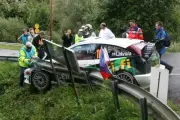 Jari Matti Latvala (FIN) wedged his Ford Focus under a barri WRC Old Photo