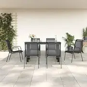 7 Piece Garden Dining Set Black Steel and Textilene, Garden Furniture Sets